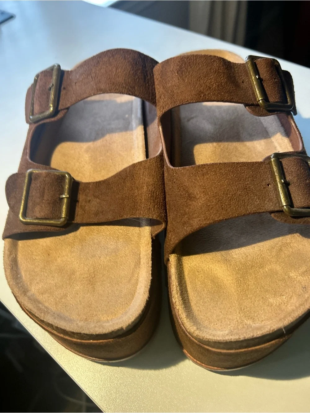 NWOB Brown Suede Double Buckle Platform Slide Sandals